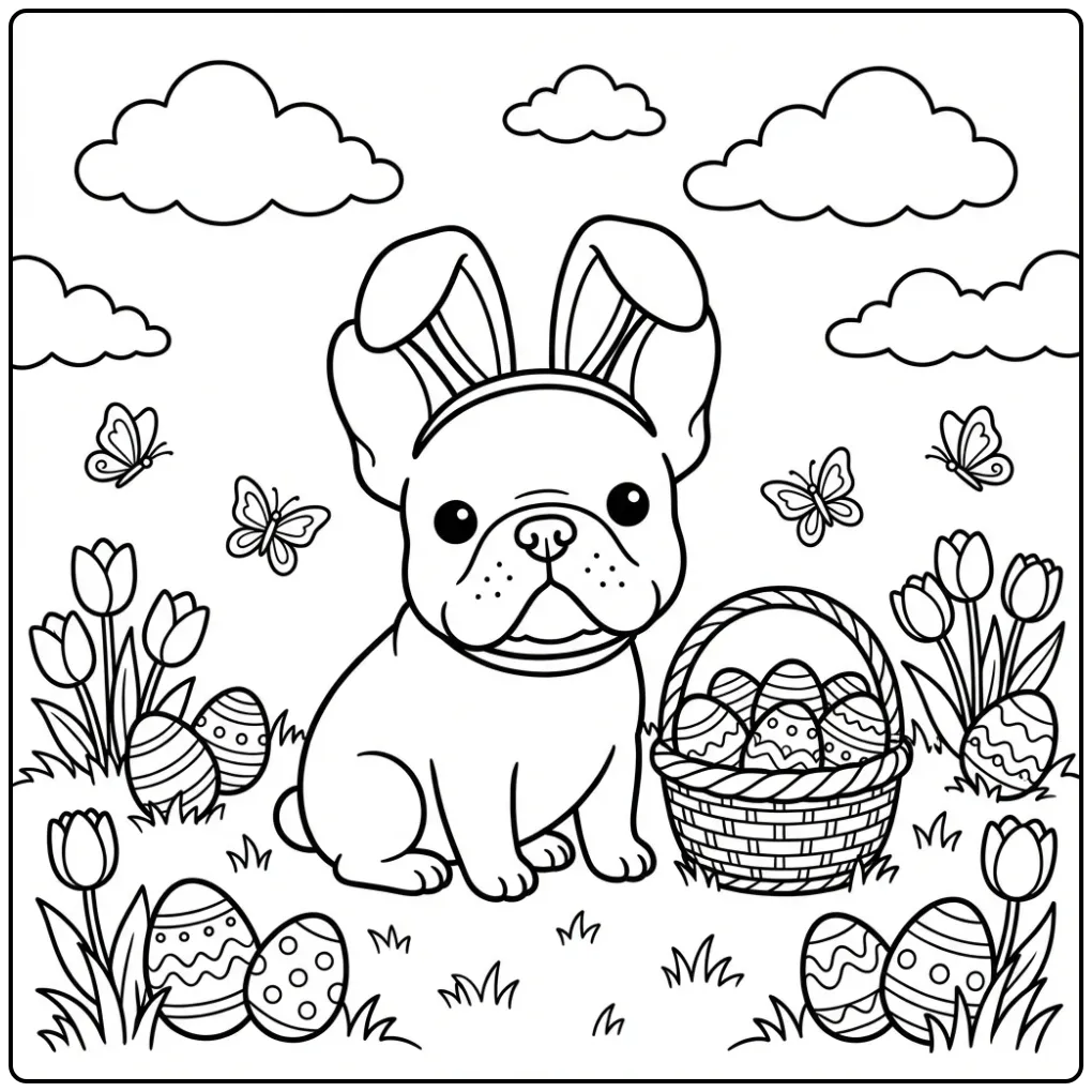 A cute Easter French Bulldog Coloring Page with bunny ears.