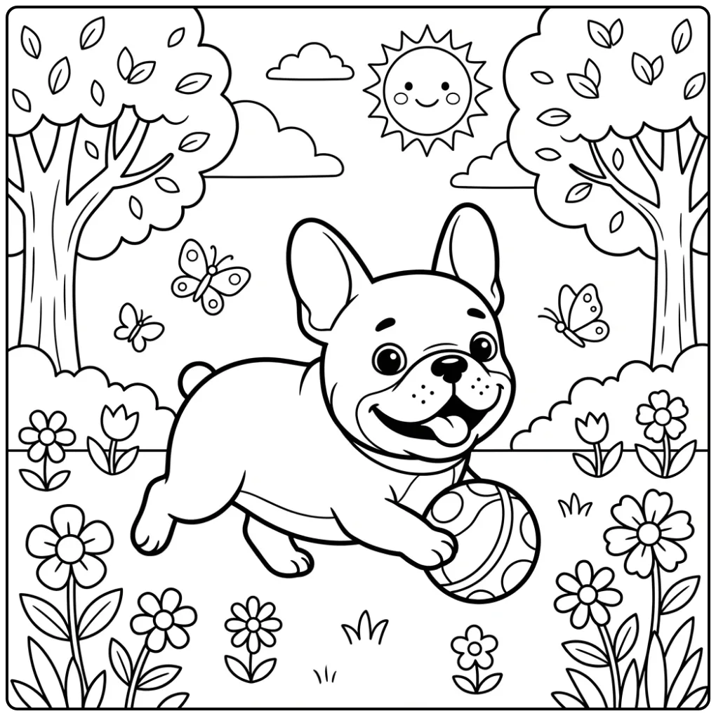 A playful French Bulldog Coloring Page For Kids running in a park.