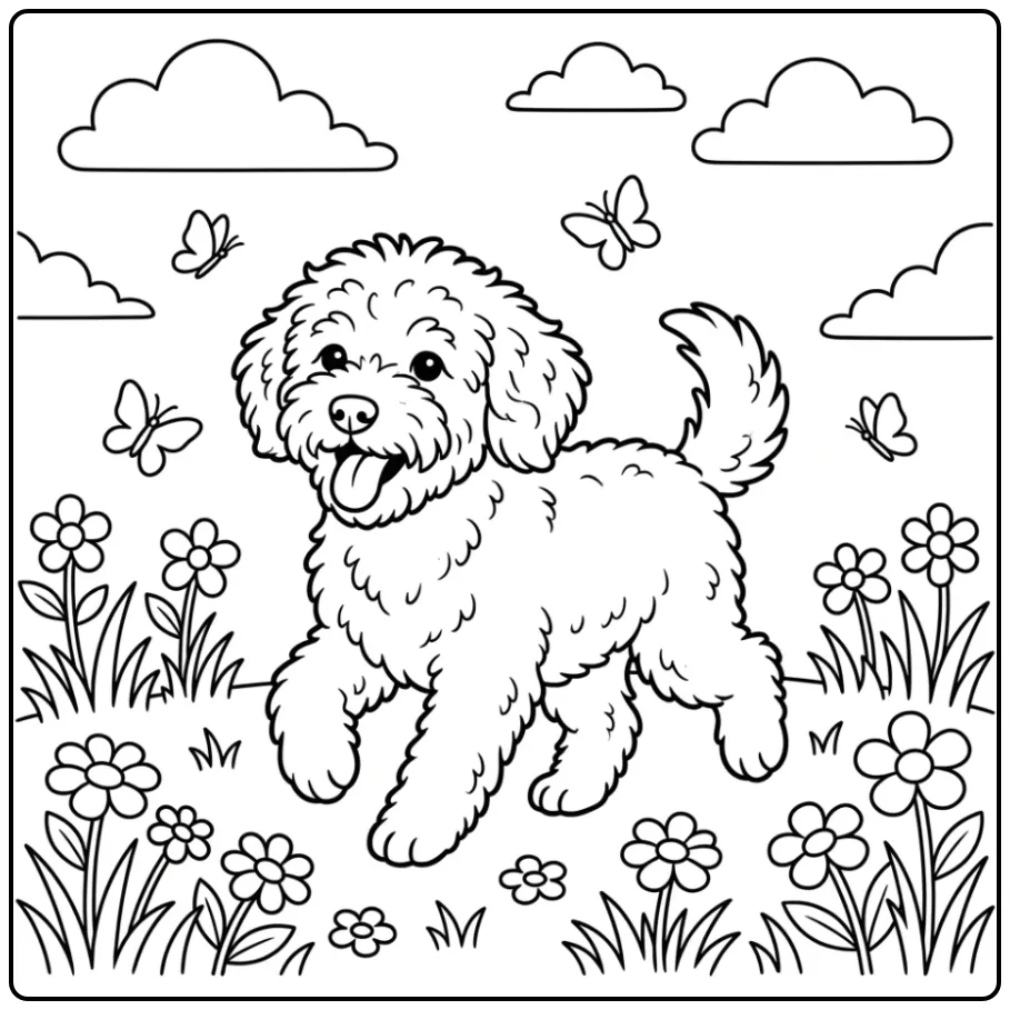 A happy puppy running through a field Doodle Dog Coloring Page.