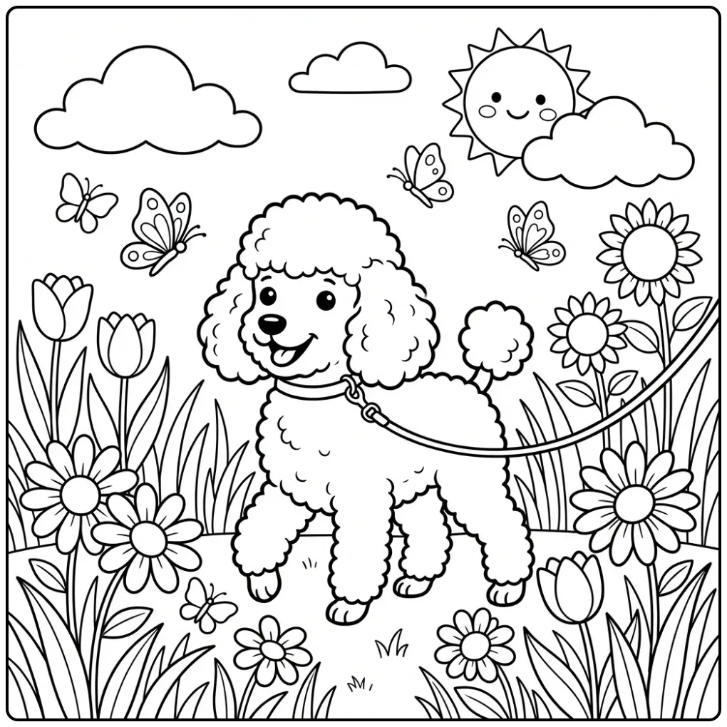 A cute cartoon dog in a sunny park Toy Poodle Coloring Page.