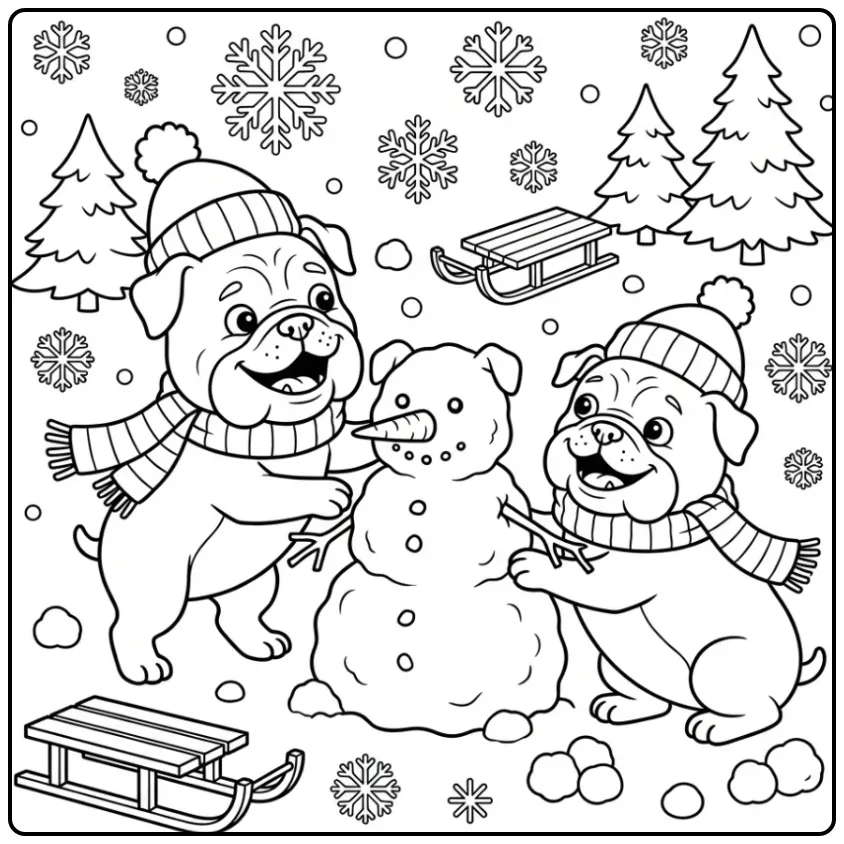 Two happy dogs building a snowdog Bulldog Coloring Page.
