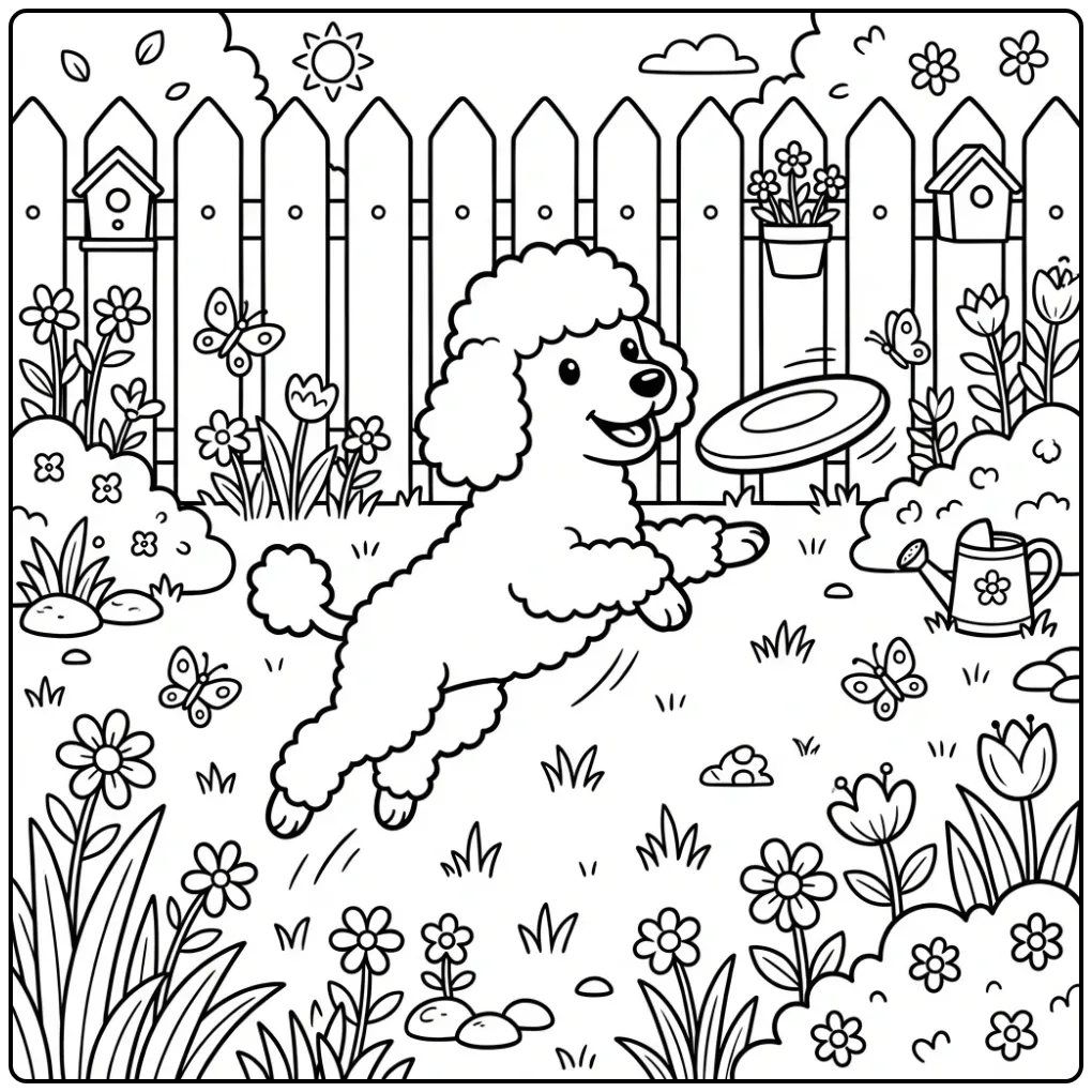 A playful Poodle Coloring Page with a dog jumping for a frisbee.