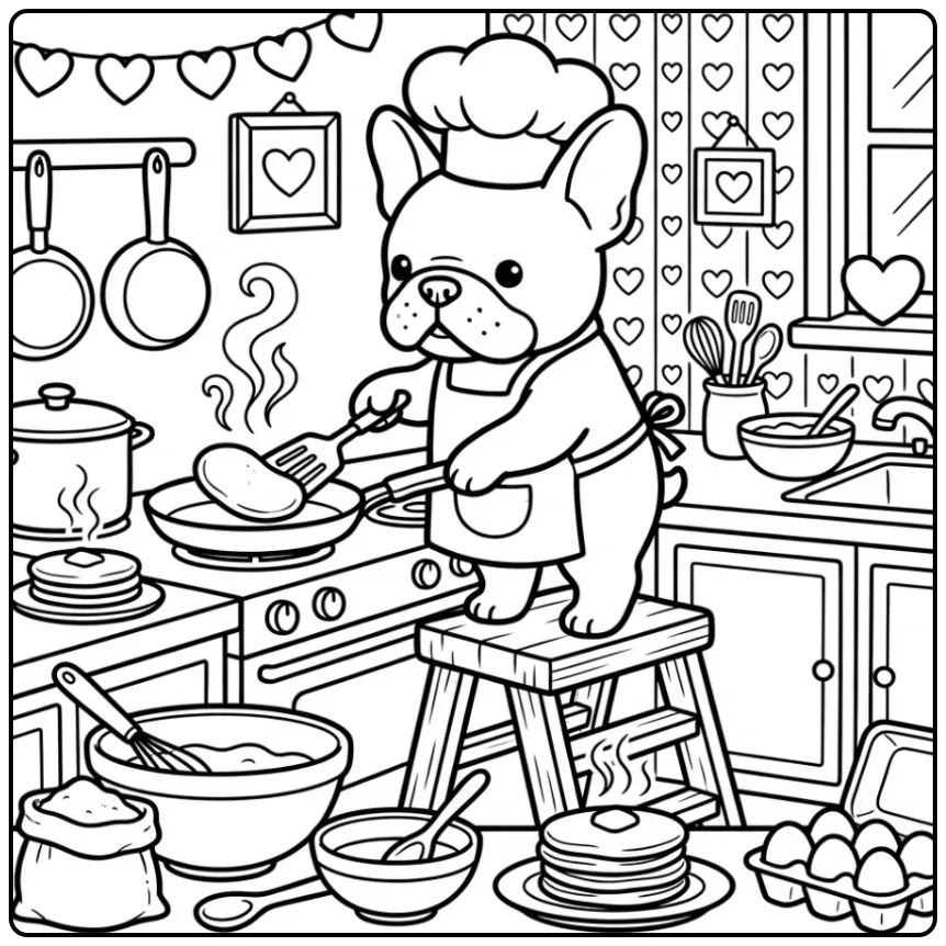 A cute chef French Bulldog Coloring Page with pancakes.