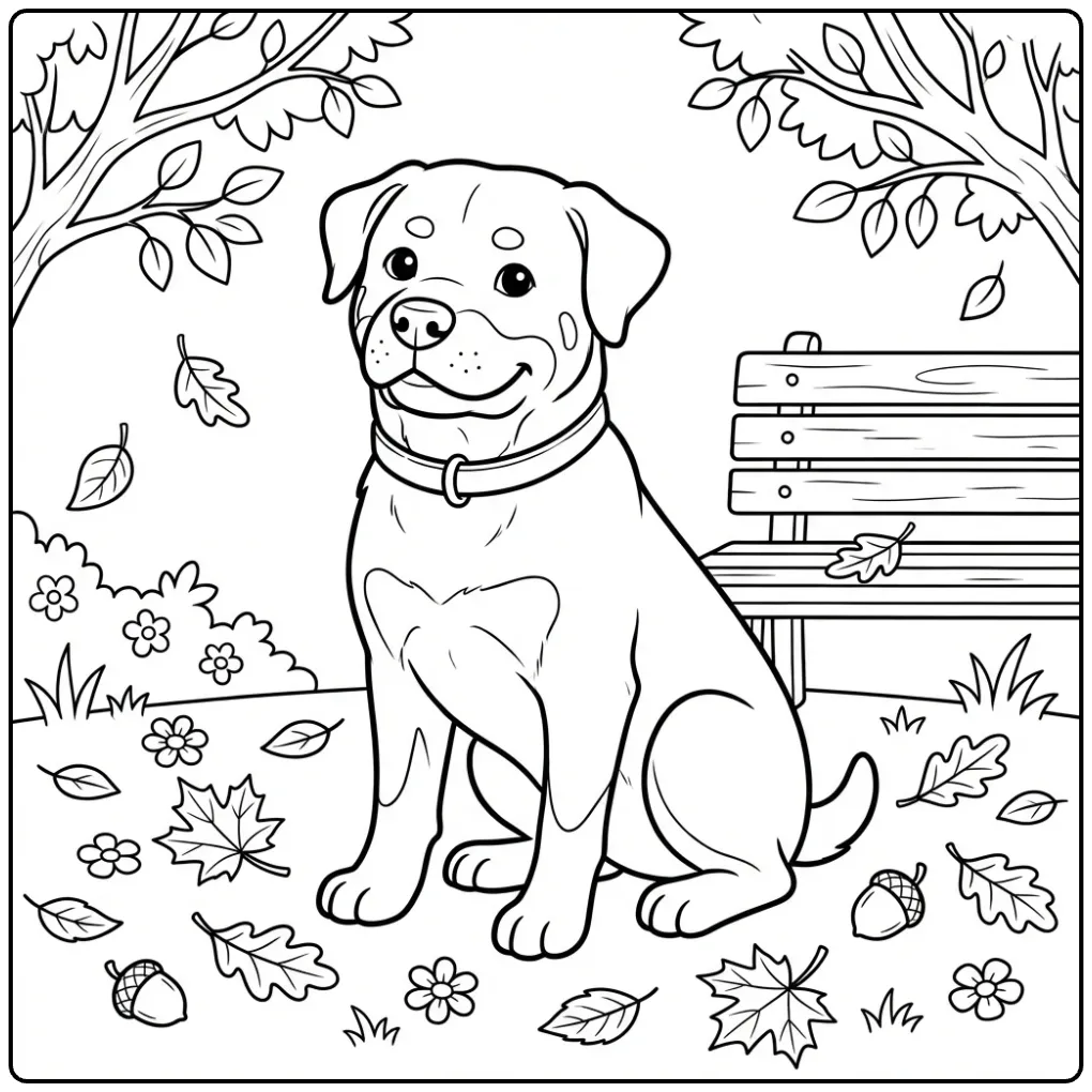 A cute Realistic Rottweiler coloring page sitting in a park.