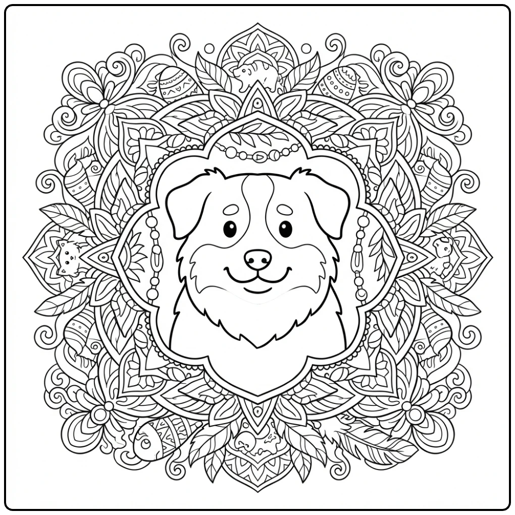 Cute Australian shepherd coloring page for teens with mandala.