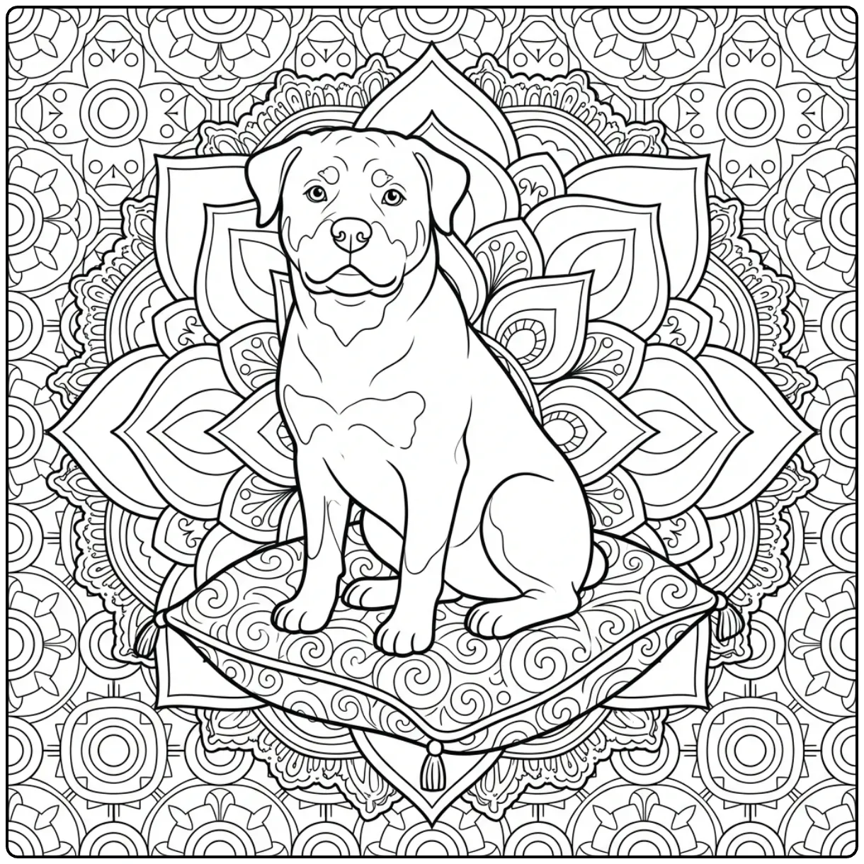 Intricate Rottweiler coloring page for adults on a cushion.