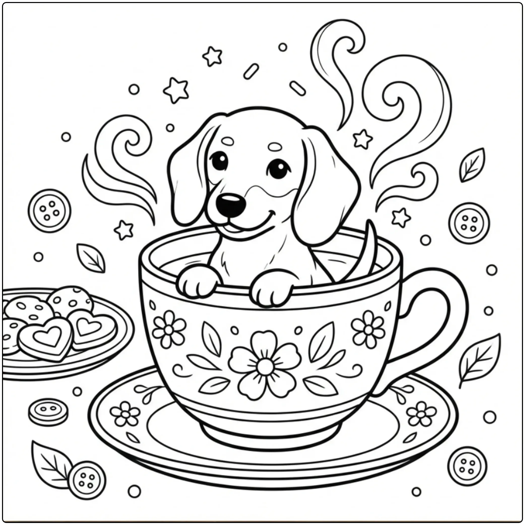 Cute tea cup Miniature Dachshund coloring page for kids
