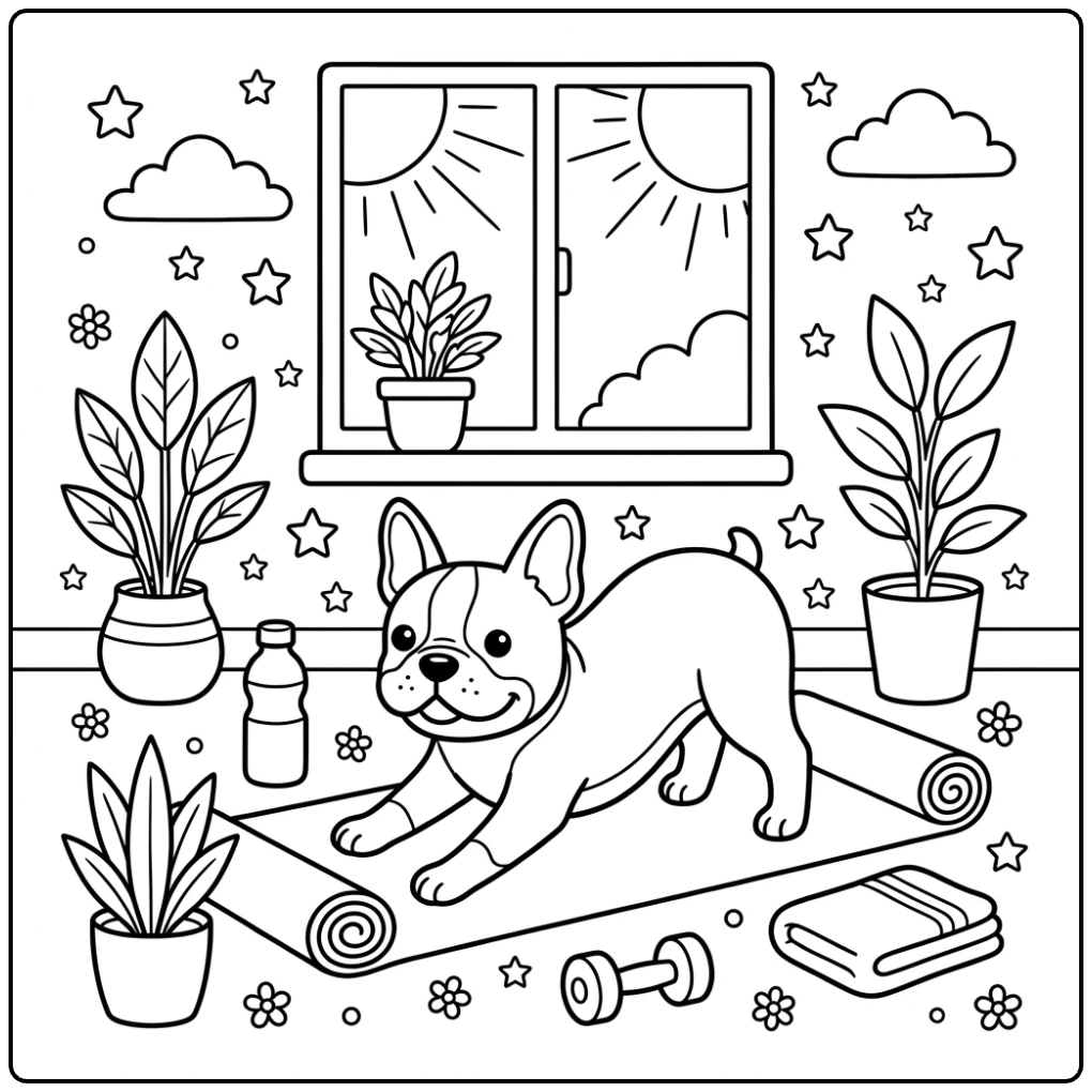 Cute Boston Terrier coloring page stretching on a yoga mat.