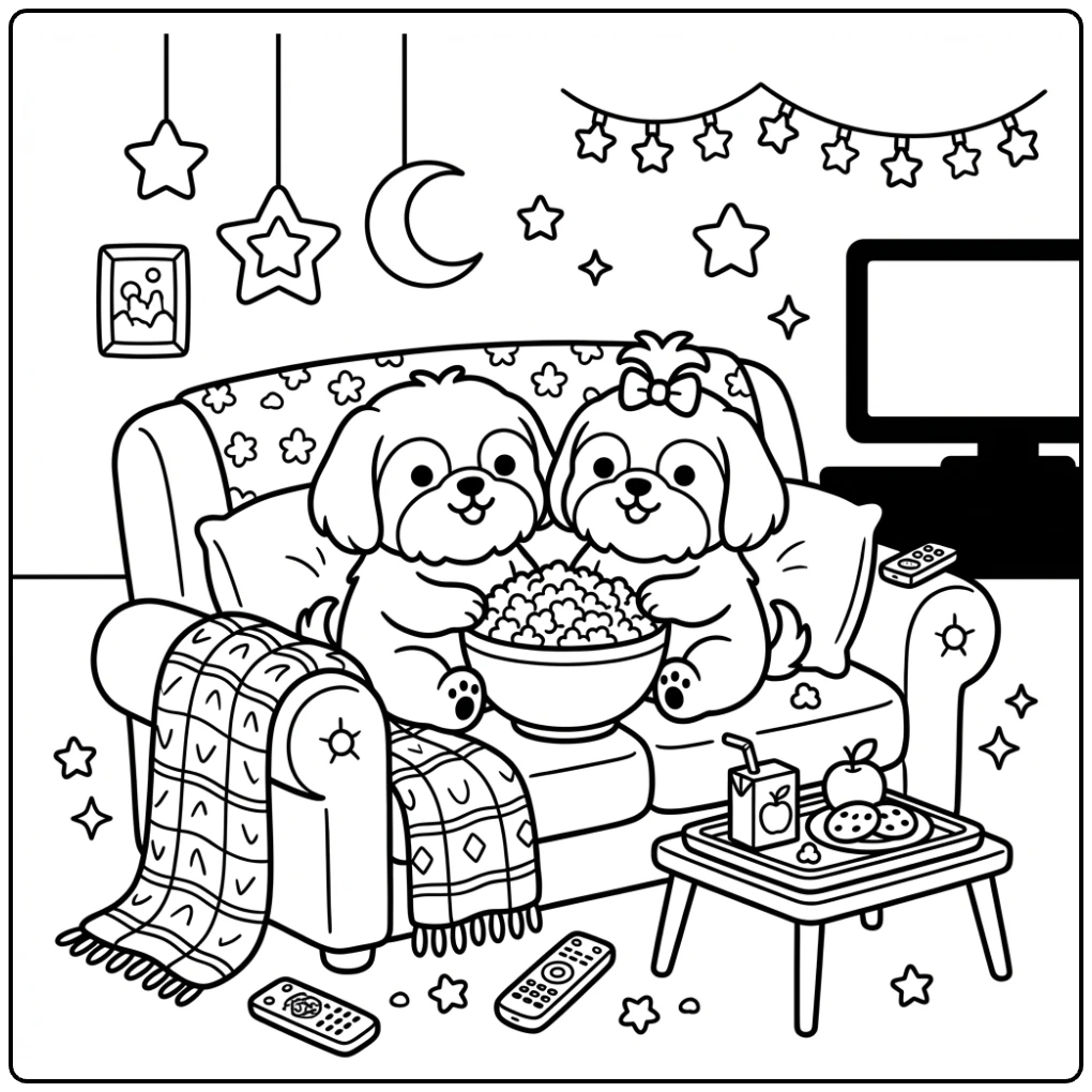 Cute Shih Tzu coloring page movie night with popcorn.