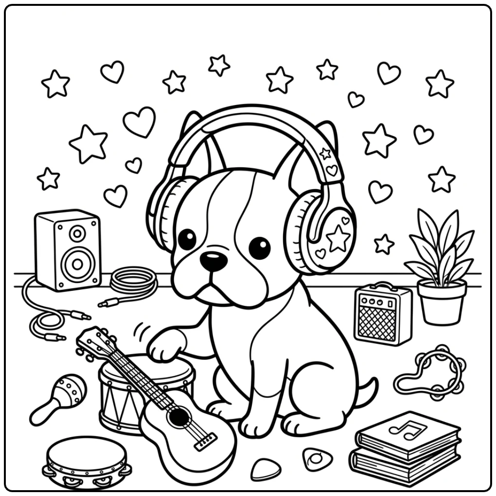 Cute Boston Terrier coloring page playing drums and music.