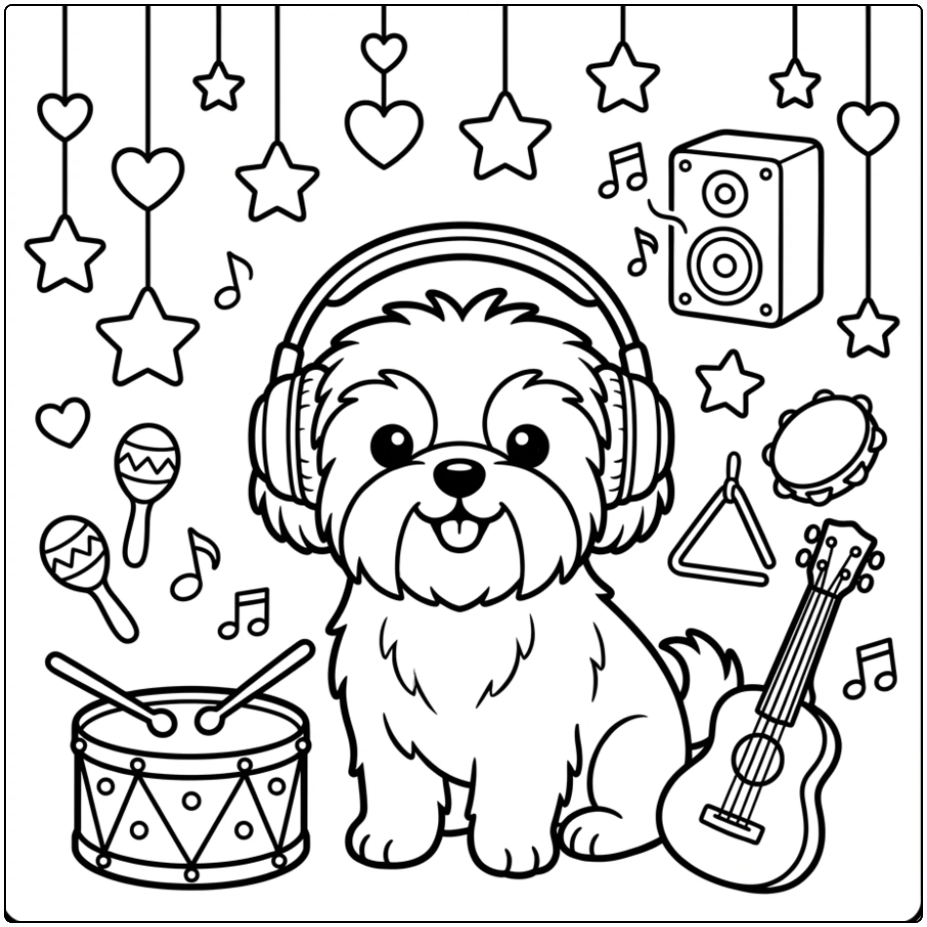Cute Shih Tzu coloring page with headphones and ukulele.