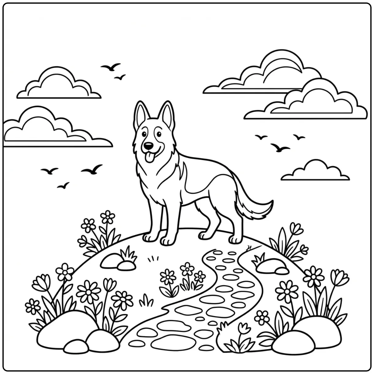 German Shepherd coloring page of a dog on a flowery hill.