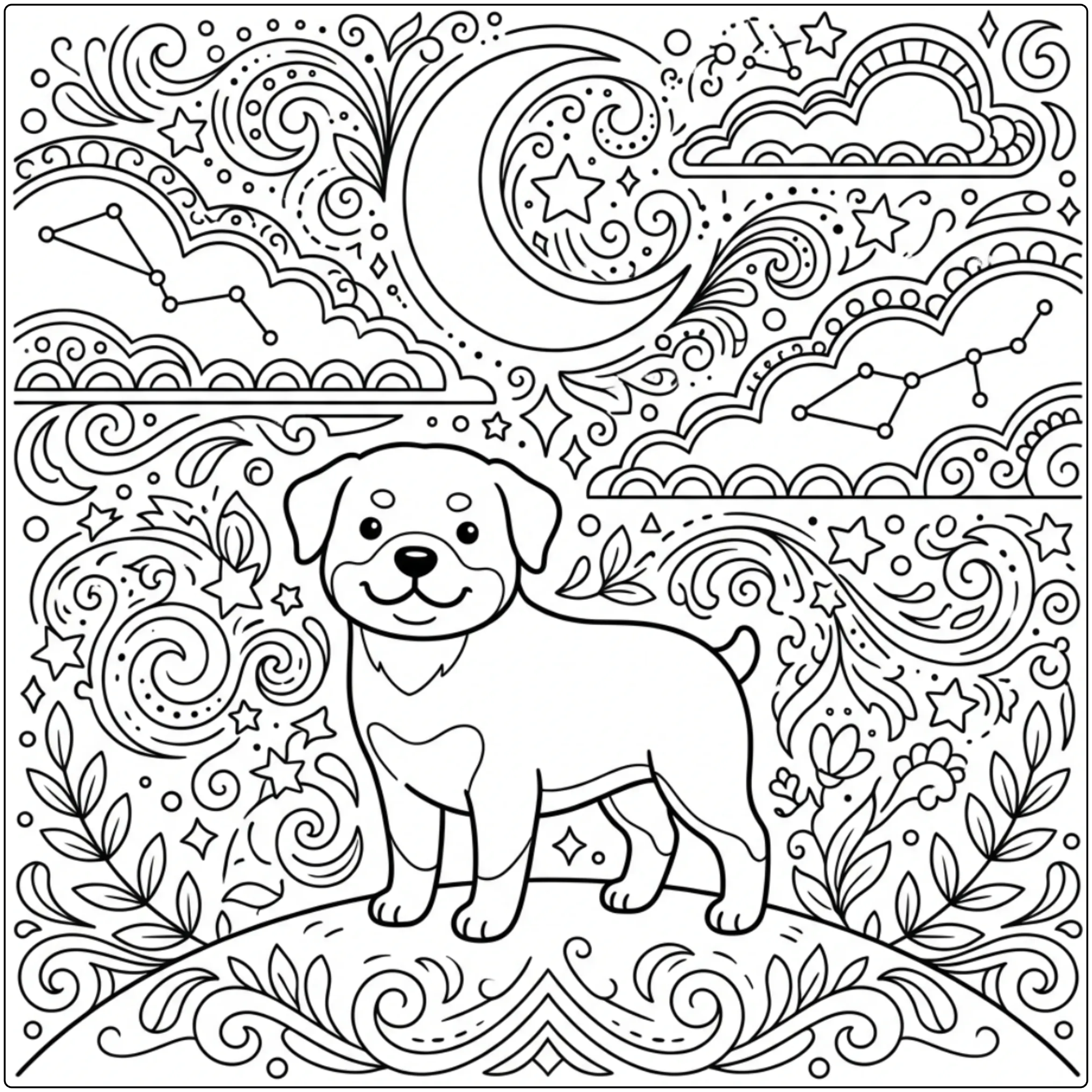 Rottweiler coloring page for adults with celestial moon
