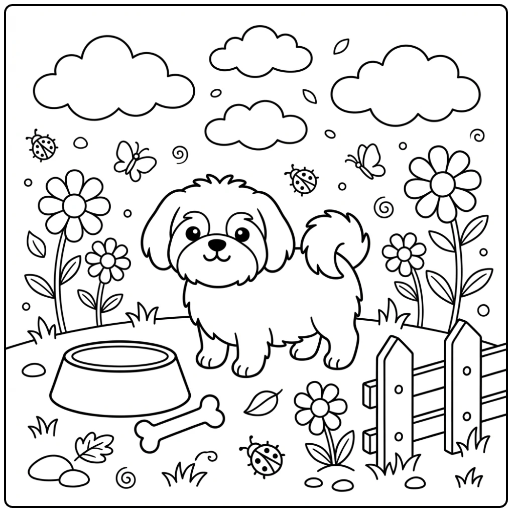 Cute easy Shih Tzu coloring page with a bowl and bone.