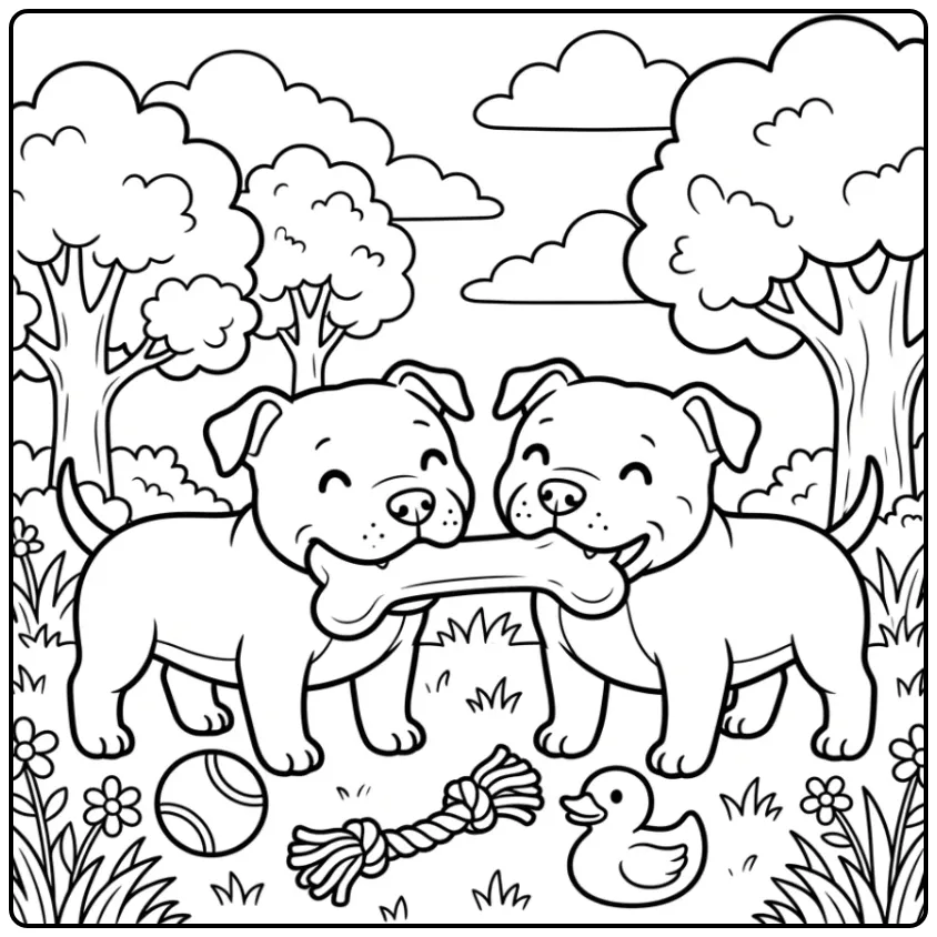 Two happy puppies happily share a bone on this Pitbull Coloring Page.
