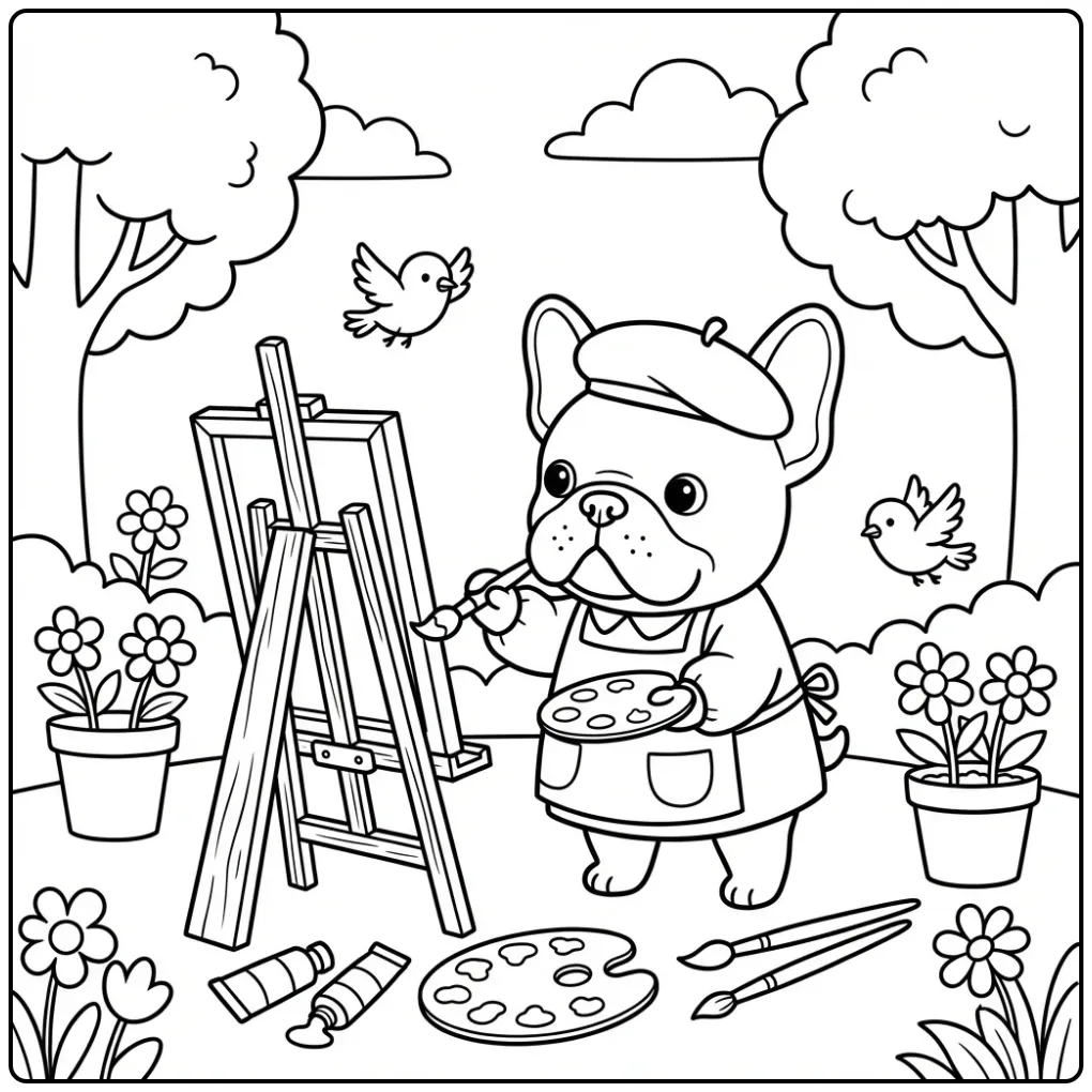 An artistic pup painting for a Cute French Bulldog Coloring Page.