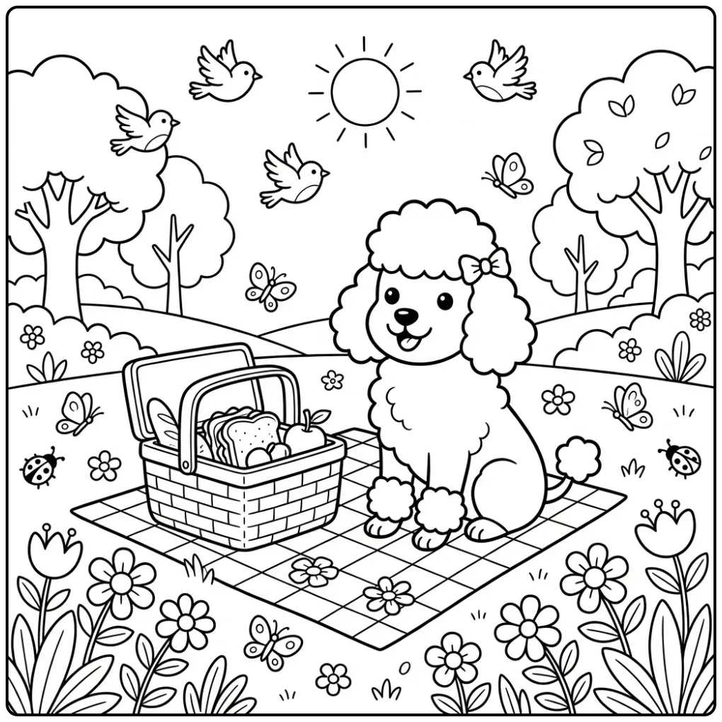 A smiling poodle with a bow in a sunny park, a Cute Poodle Coloring Page.