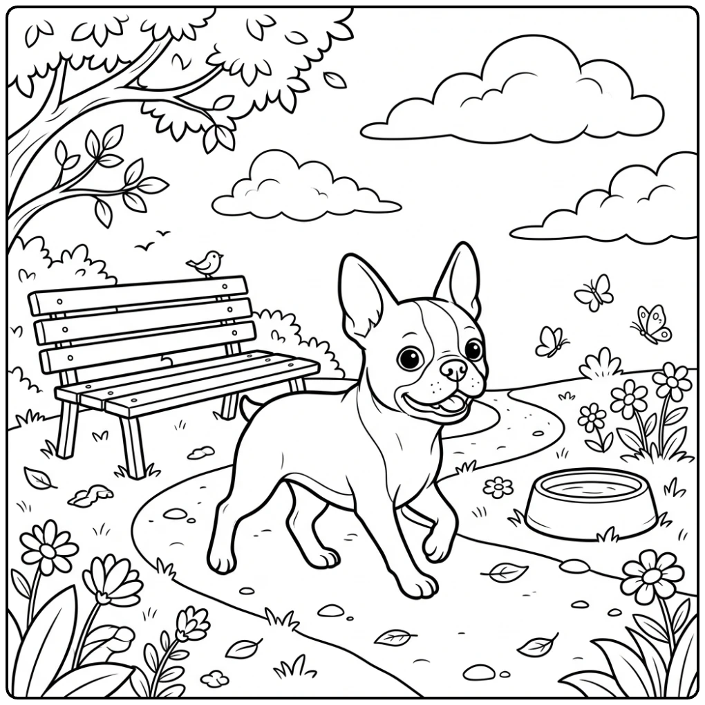 Cute realistic Boston Terrier coloring page trotting in park