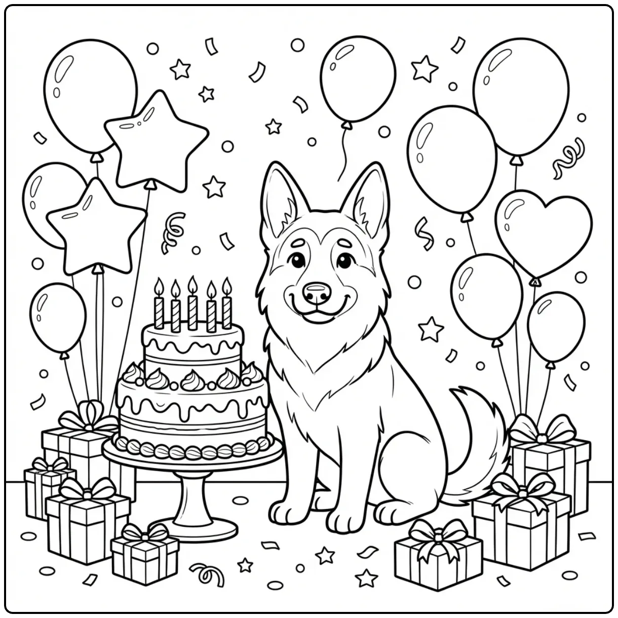 Cute German Shepherd coloring page for kids with birthday cake