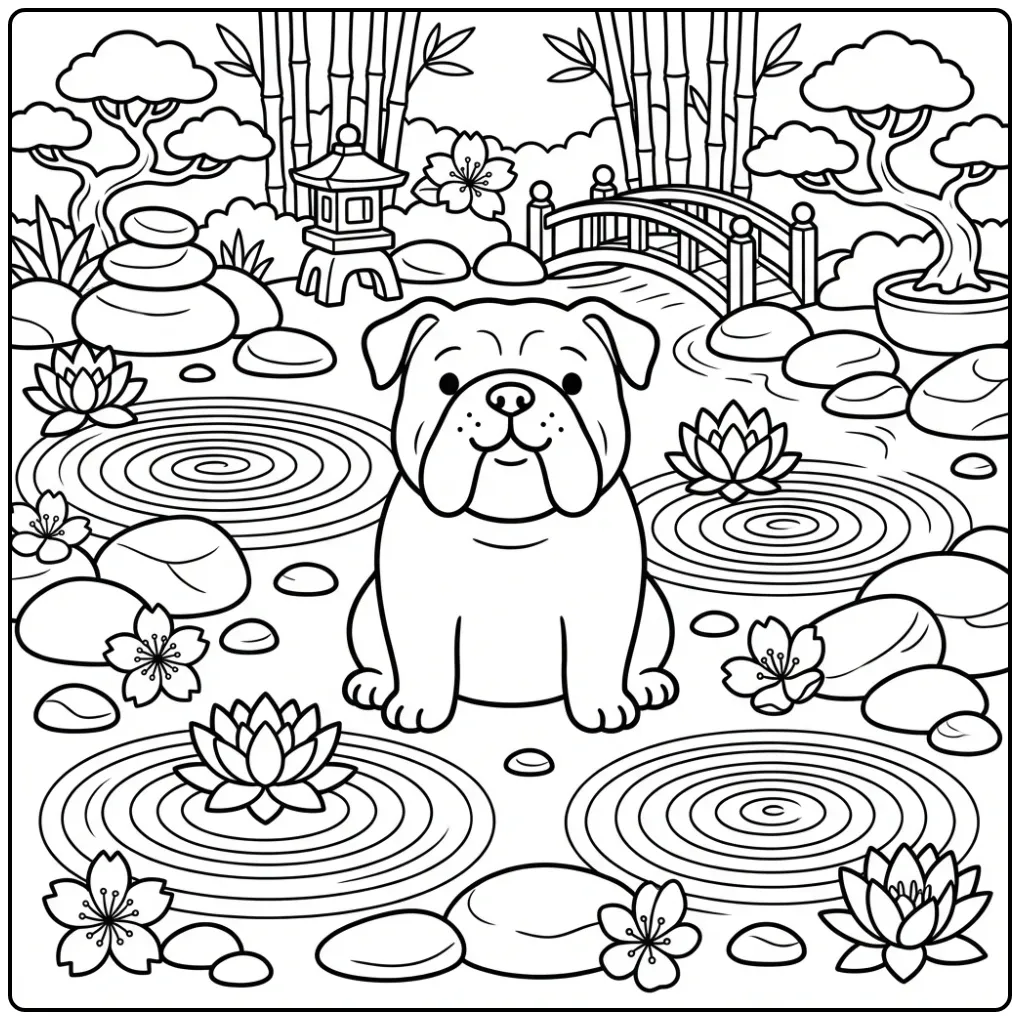 A zen garden with a calm Bulldog Coloring Page For Adults.