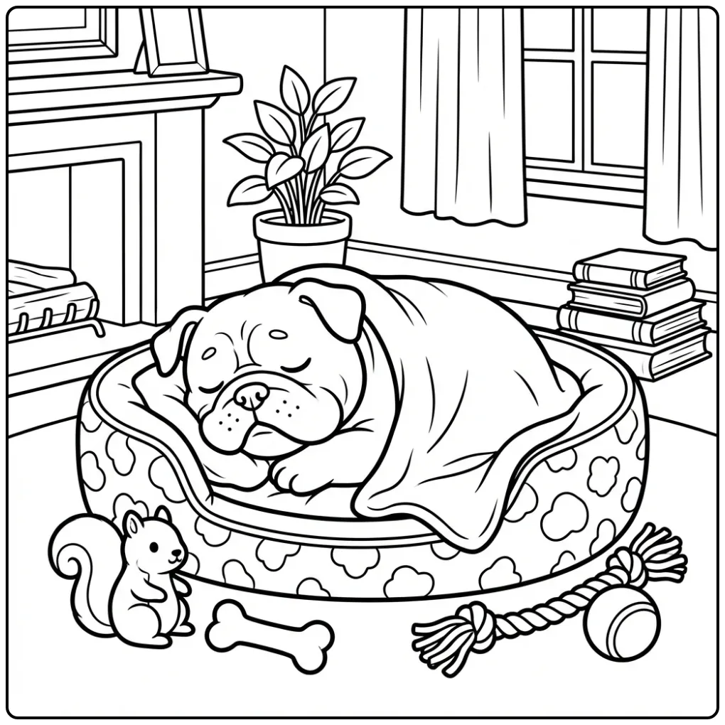 A cute sleepy Bulldog Coloring Page snuggled in its cozy bed.