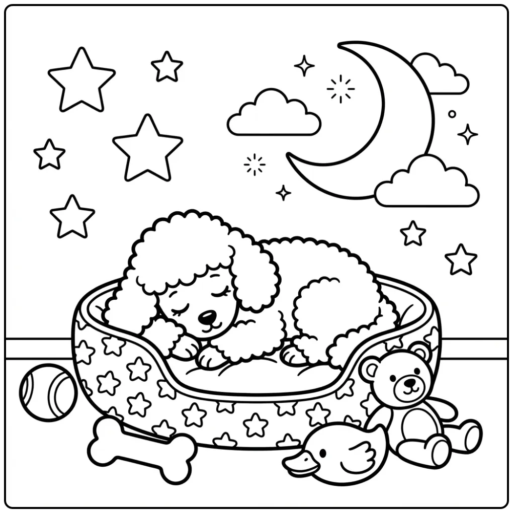 A sleeping cartoon Poodle Coloring Page in a cozy dog bed.