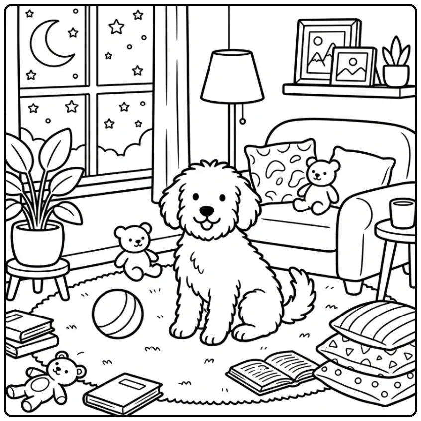 A fluffy puppy in a cozy room, a Doodle Dog Coloring Page.