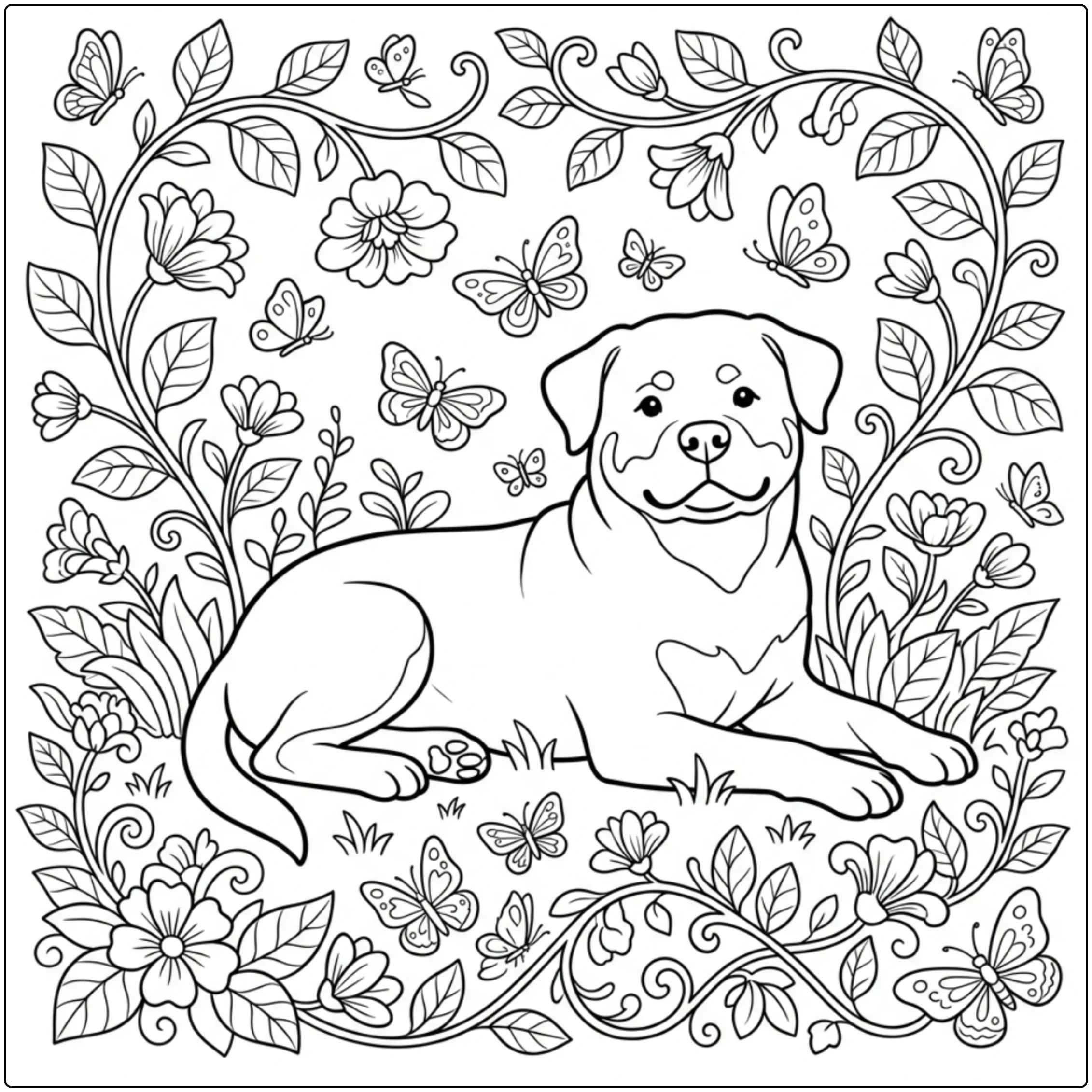 Cute Rottweiler coloring page for adults in a garden.