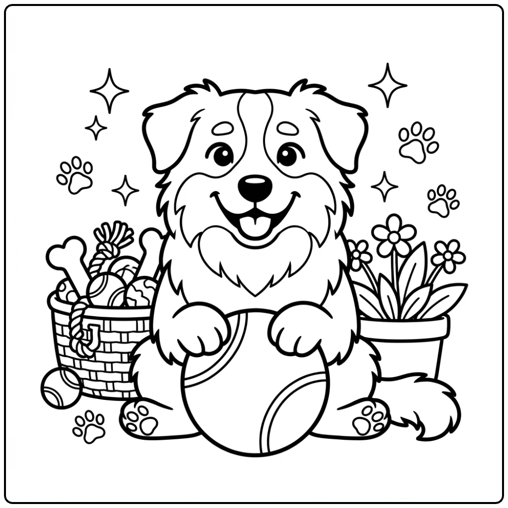 Cute Australian Shepherd coloring page with ball and toys.