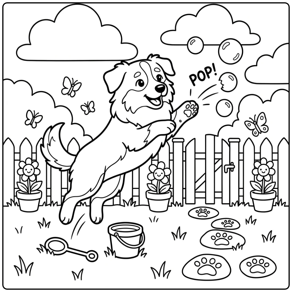 Cute Australian Shepherd coloring page jumping for bubbles