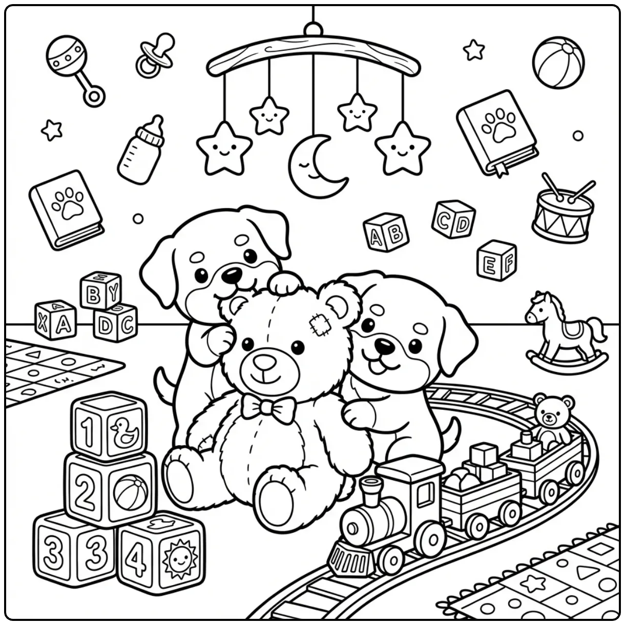 Cute Baby Rottweiler coloring page with puppies and teddy