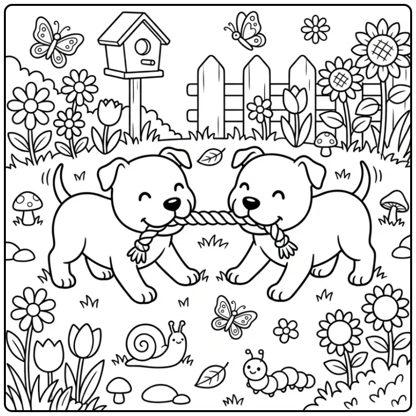 Two puppies playing tug-of-war in a garden Pitbull Coloring Page.