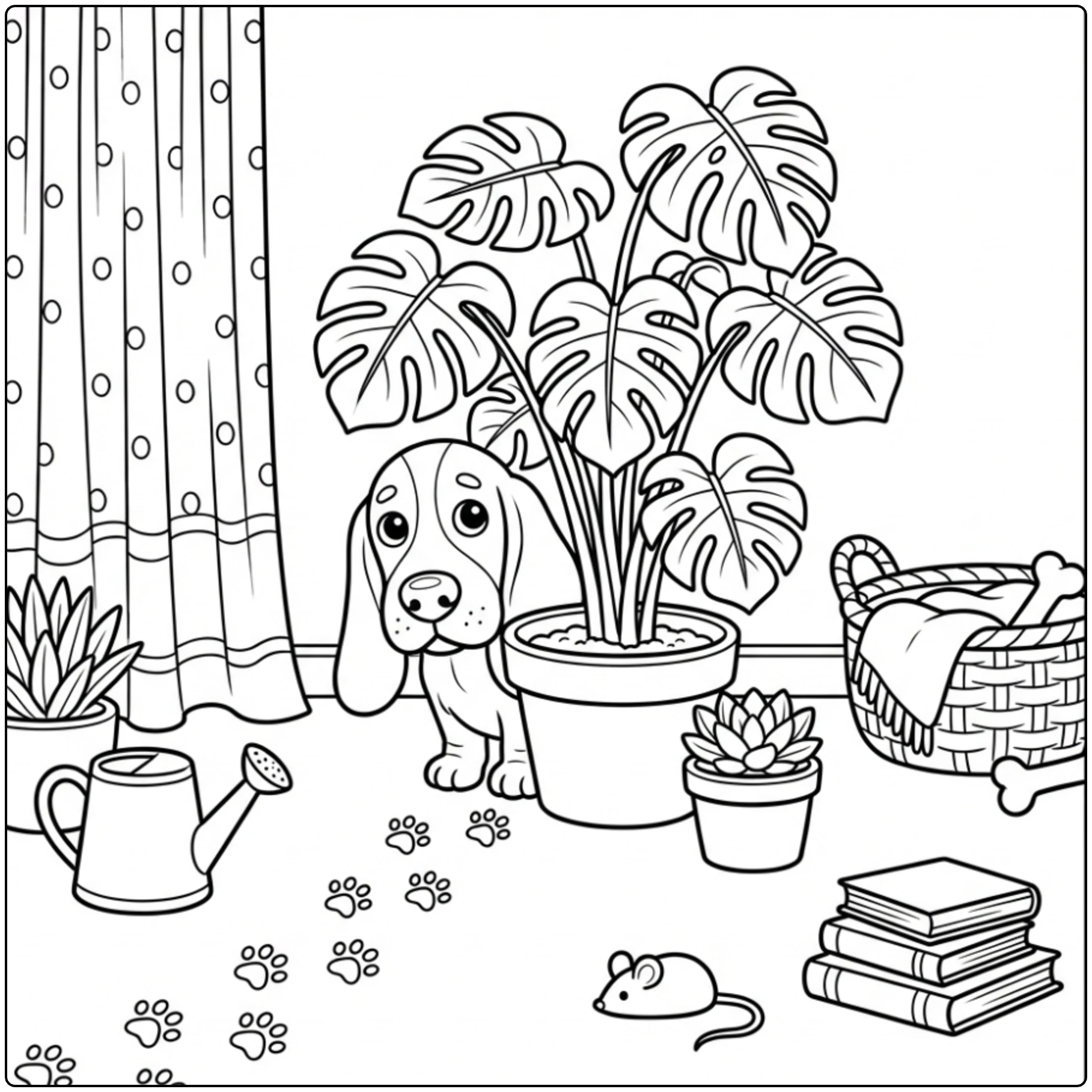 Cute Basset Hound coloring page behind houseplant.