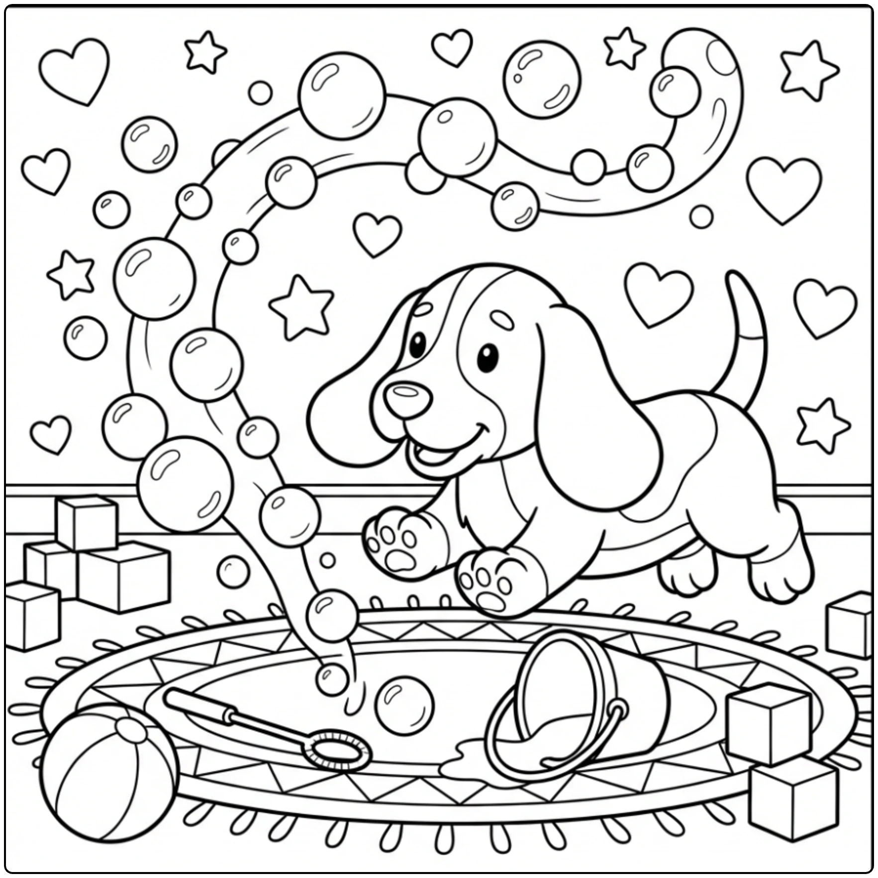 Cute Basset Hound Puppy coloring page chasing bubbles.