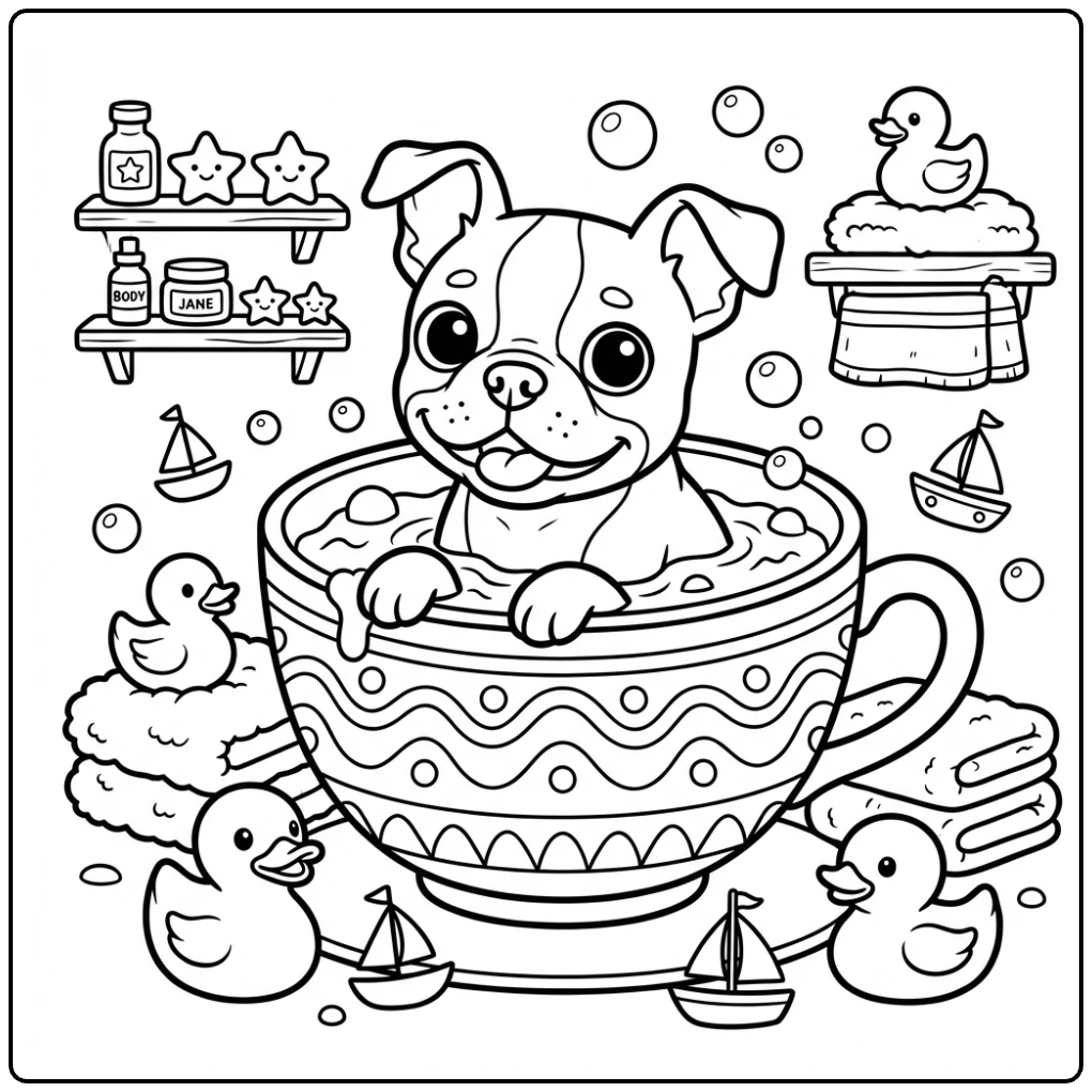 Cute Boston Terrier coloring page in a teacup bath.