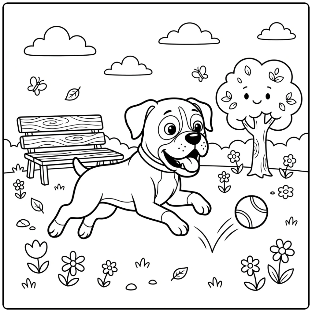 Cute Boxer Dog coloring page running in a sunny park.