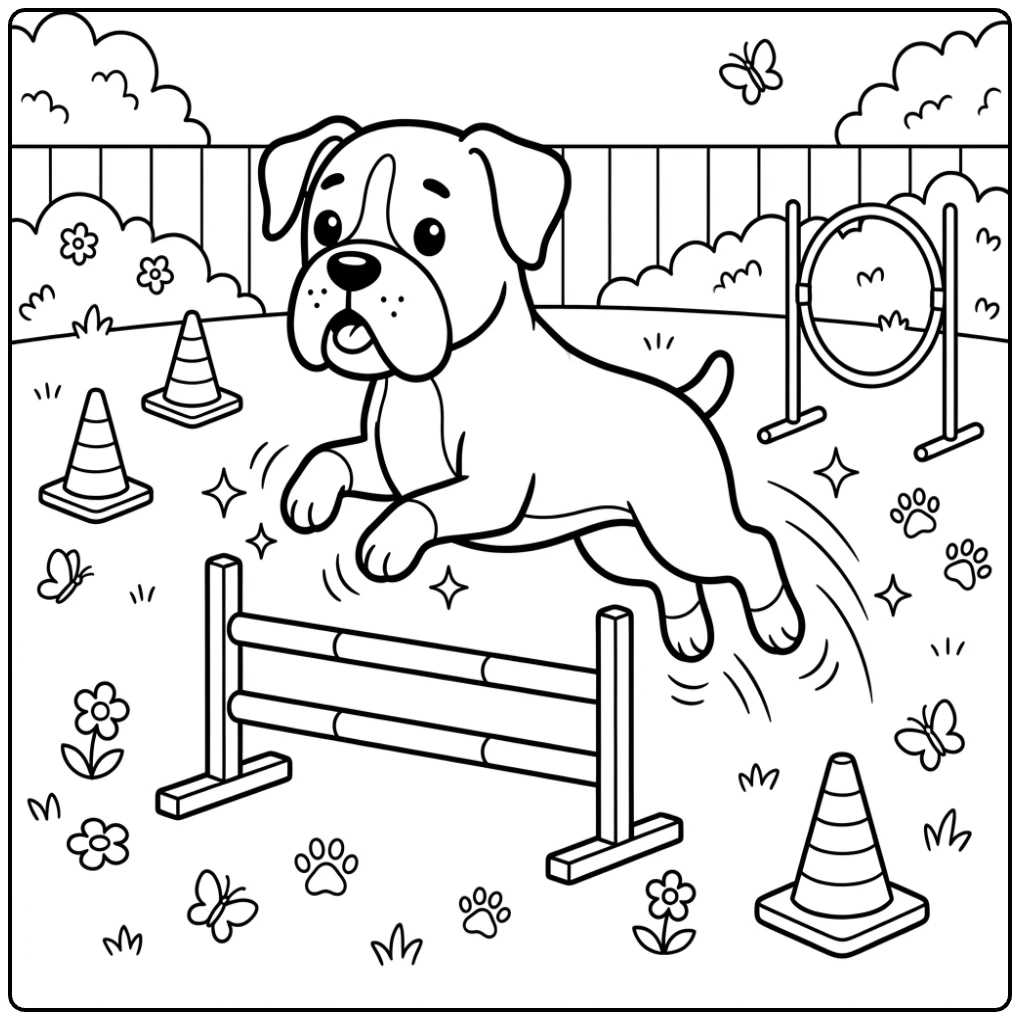Jumping Boxer Dog coloring page agility scene.