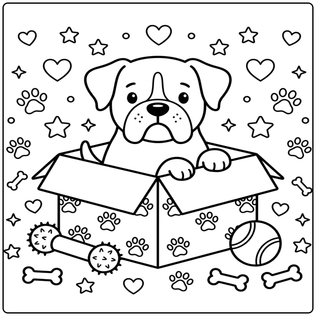 Cute Boxer Dog coloring page with toys and treats