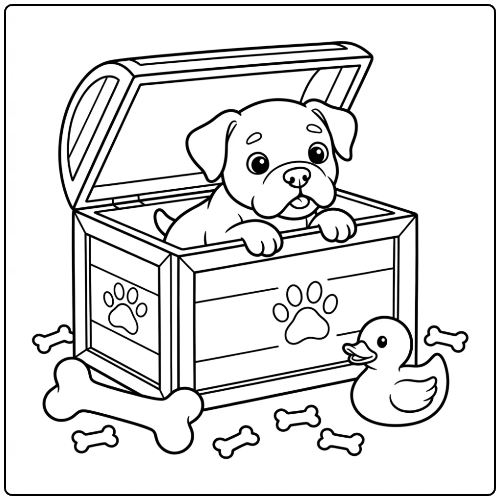 Cute Boxer Puppy coloring page peeking from a toy chest.