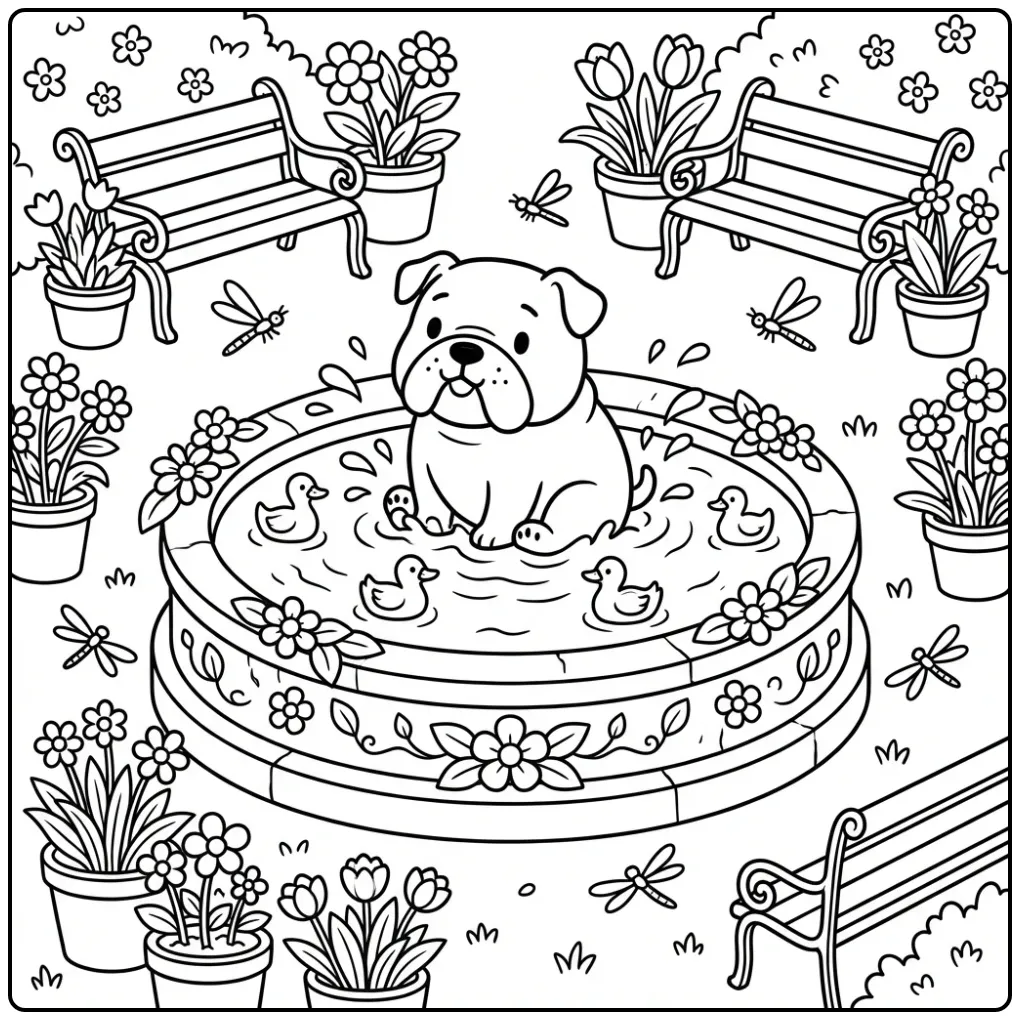 A happy Bulldog Coloring Page in a park fountain with ducks.