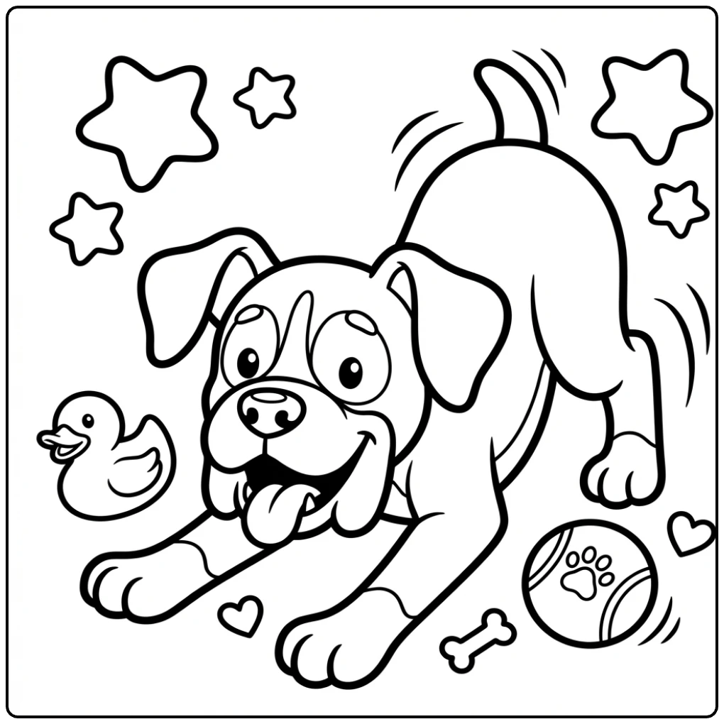 Goofy cartoon boxer dog coloring page in a play bow pose.