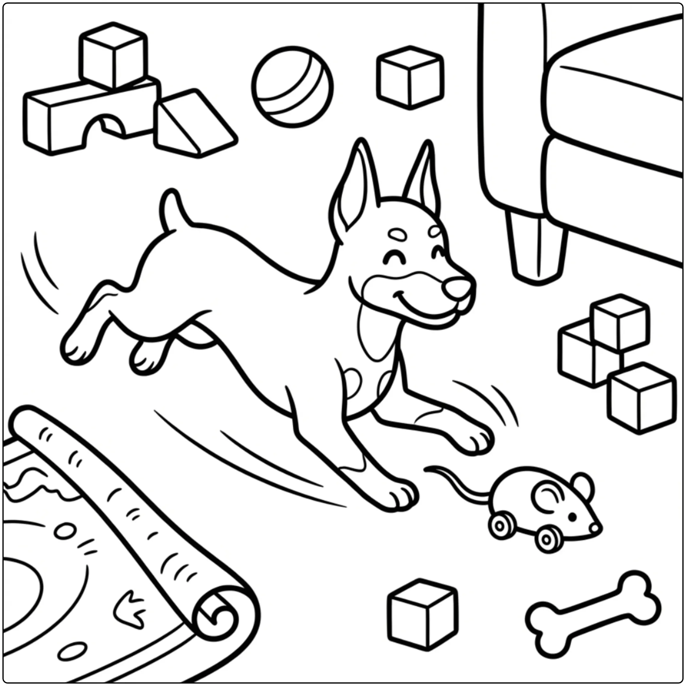 Cartoon Doberman coloring page sliding and chasing a toy mouse.