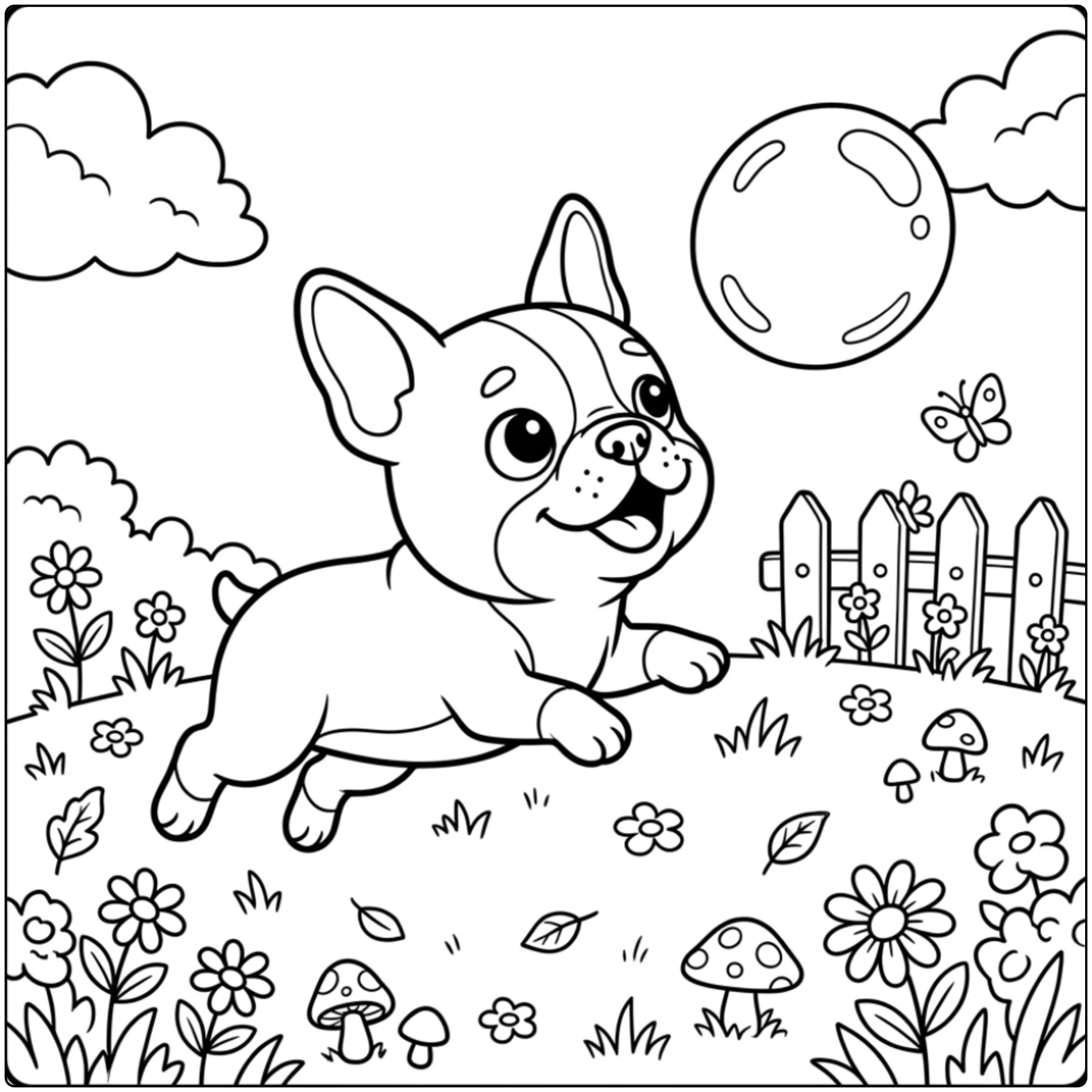 A cute Boston Terrier coloring page of a puppy chasing bubbles.
