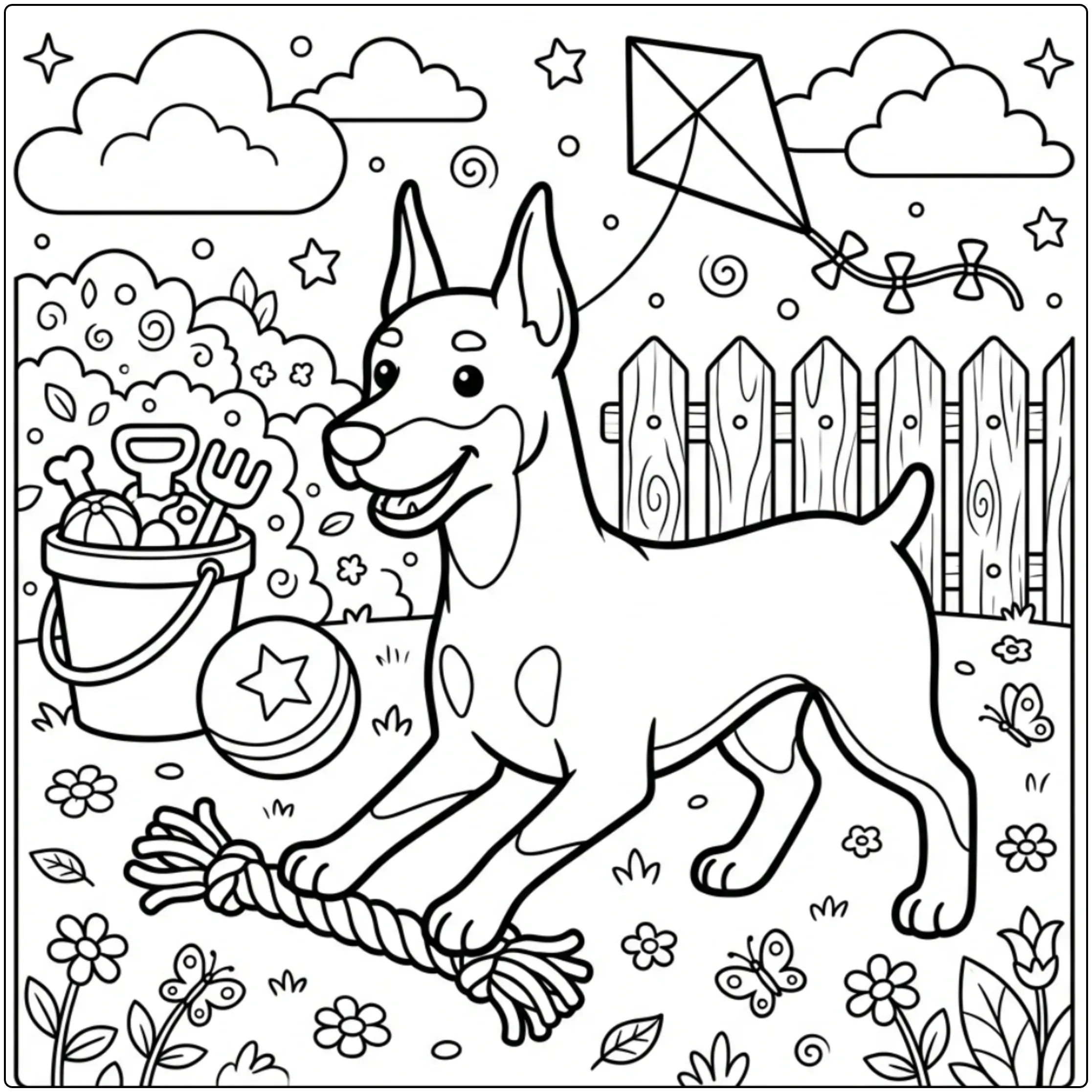 Cute Doberman coloring page playing tug-of-war with a rope.