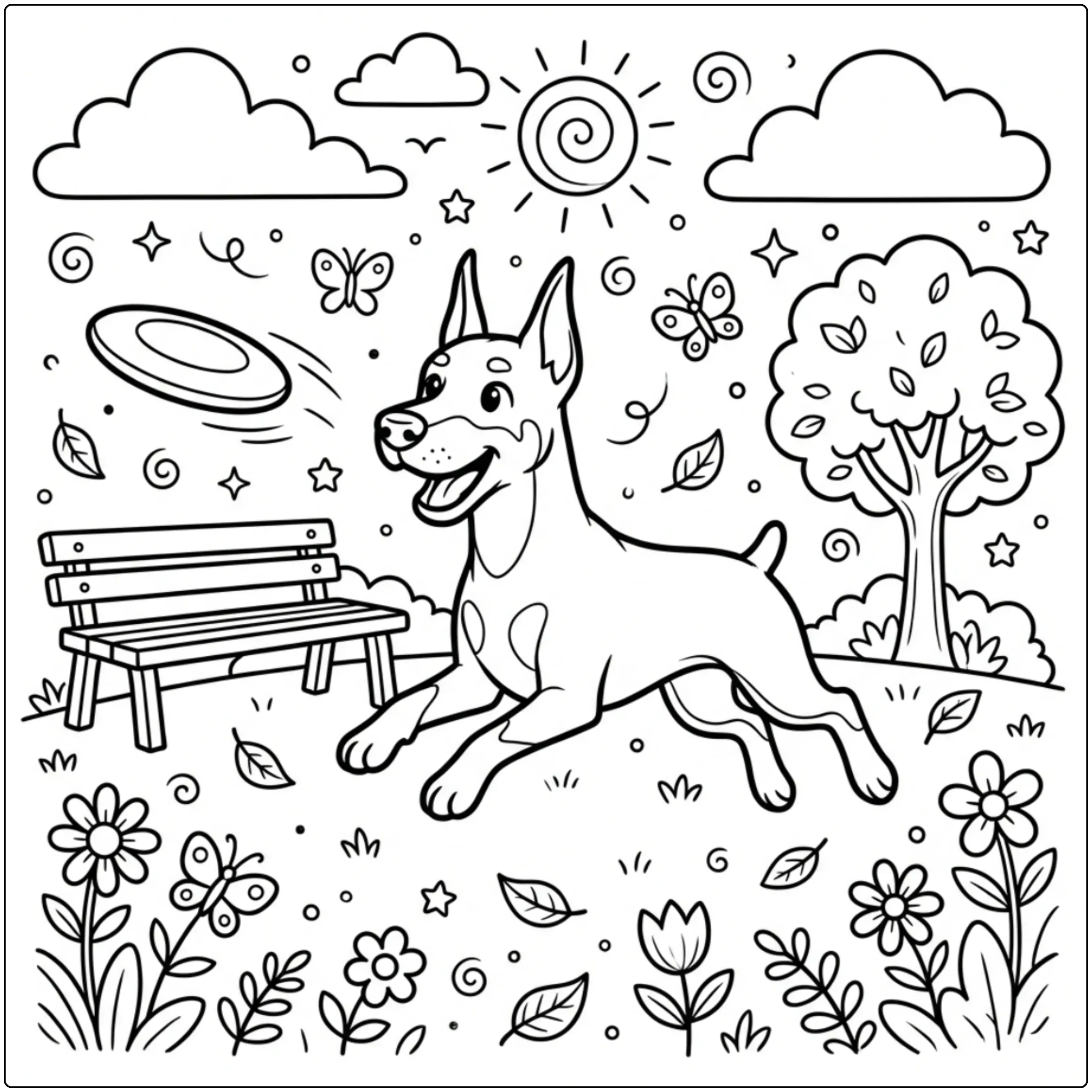 Cute Doberman coloring page chasing a frisbee in a park.