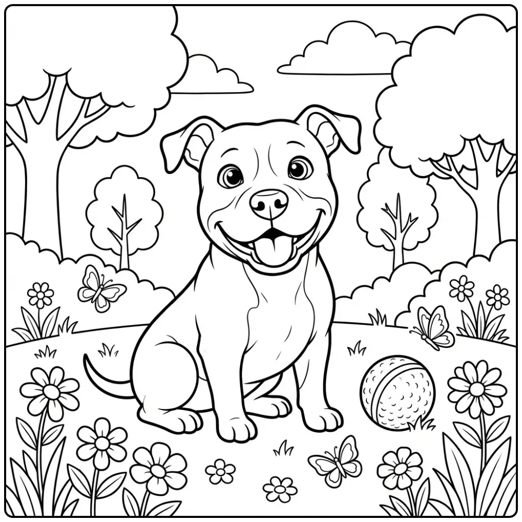 A cute cartoon Pitbull Coloring Page with a ball in a park.