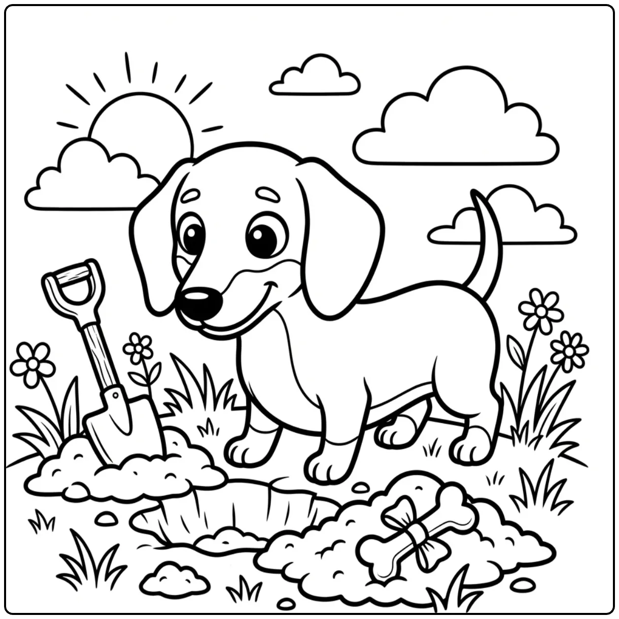 Cute explorer dog digging in this Dachshund coloring page.