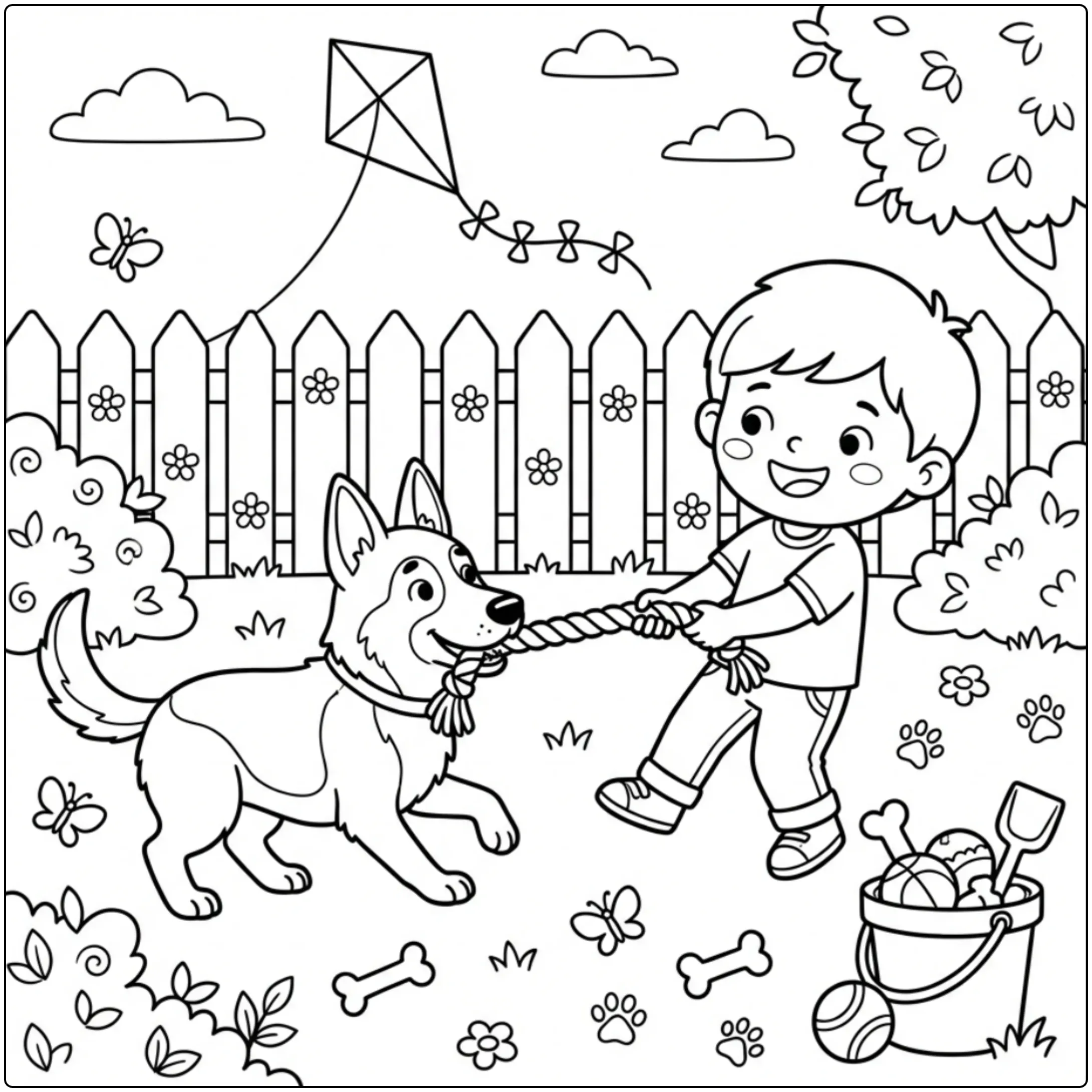 Cute German Shepherd coloring page for kids playing tug-of-war.
