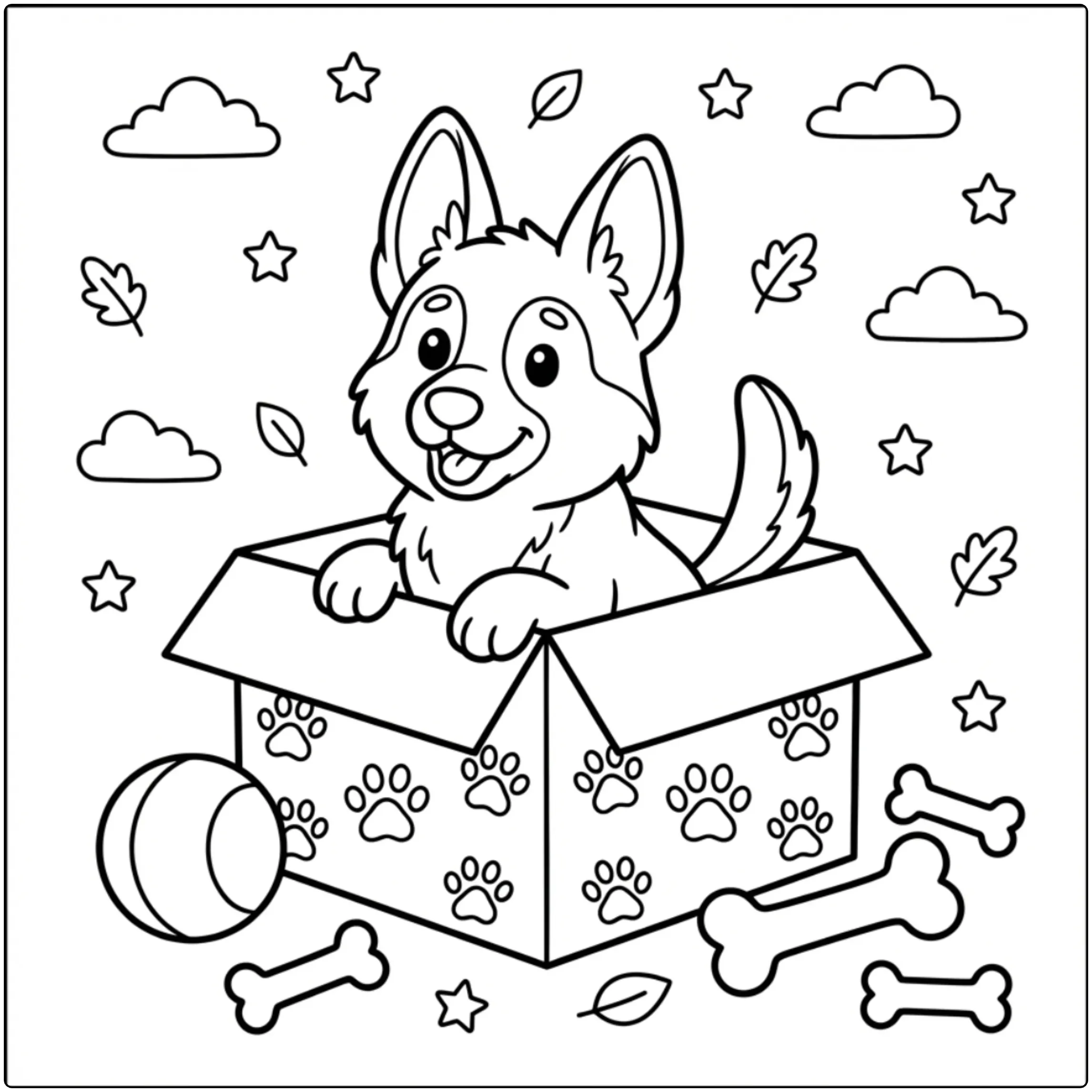 Cute German Shepherd Puppy coloring page in a box.