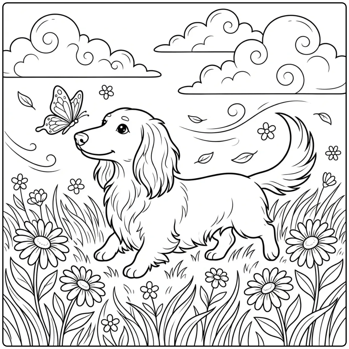 Cute Long haired Dachshund coloring page with daisies